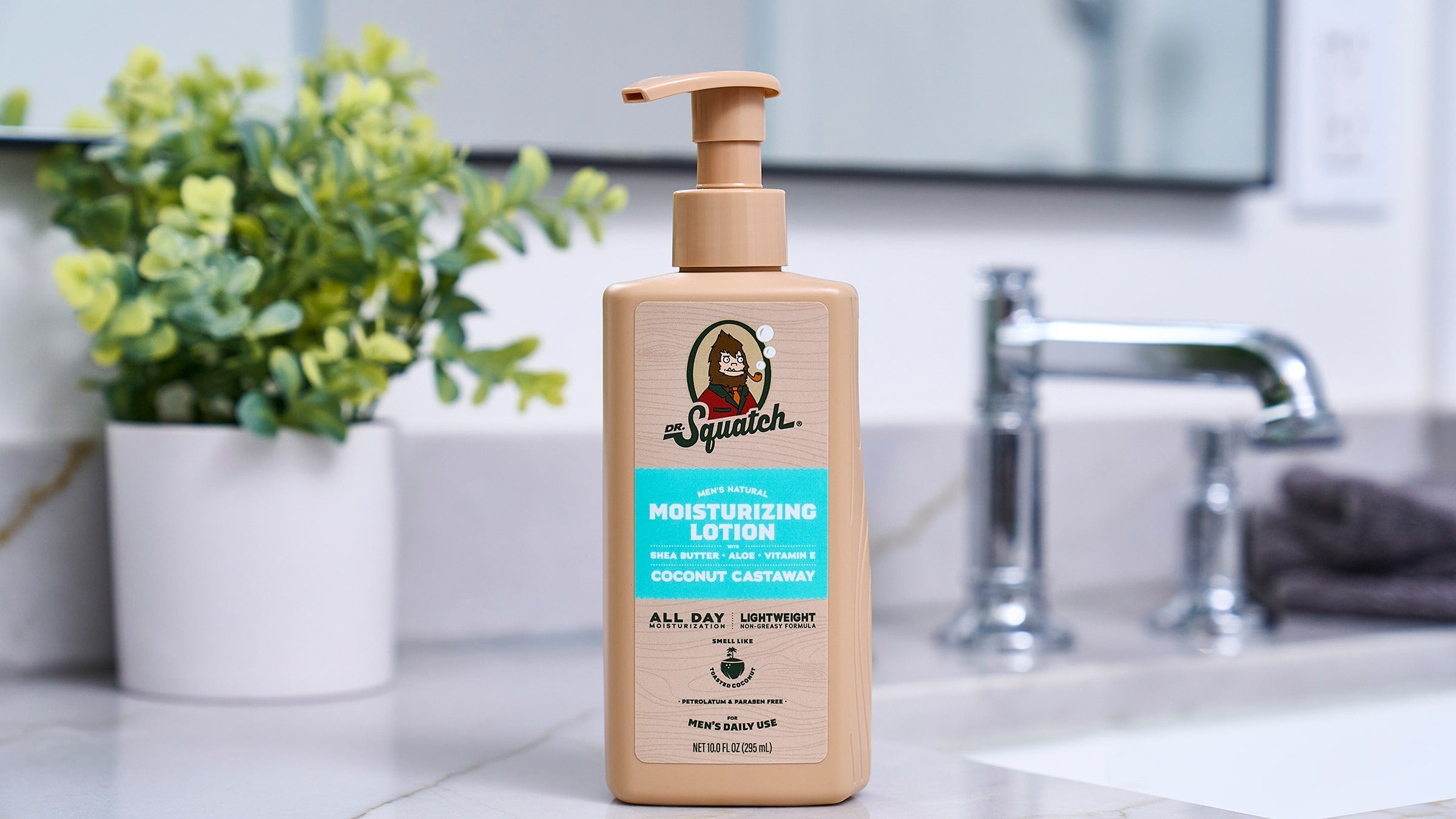 Lifestyle photo featuring Dr. Squatch Coconut Castaway Lotion