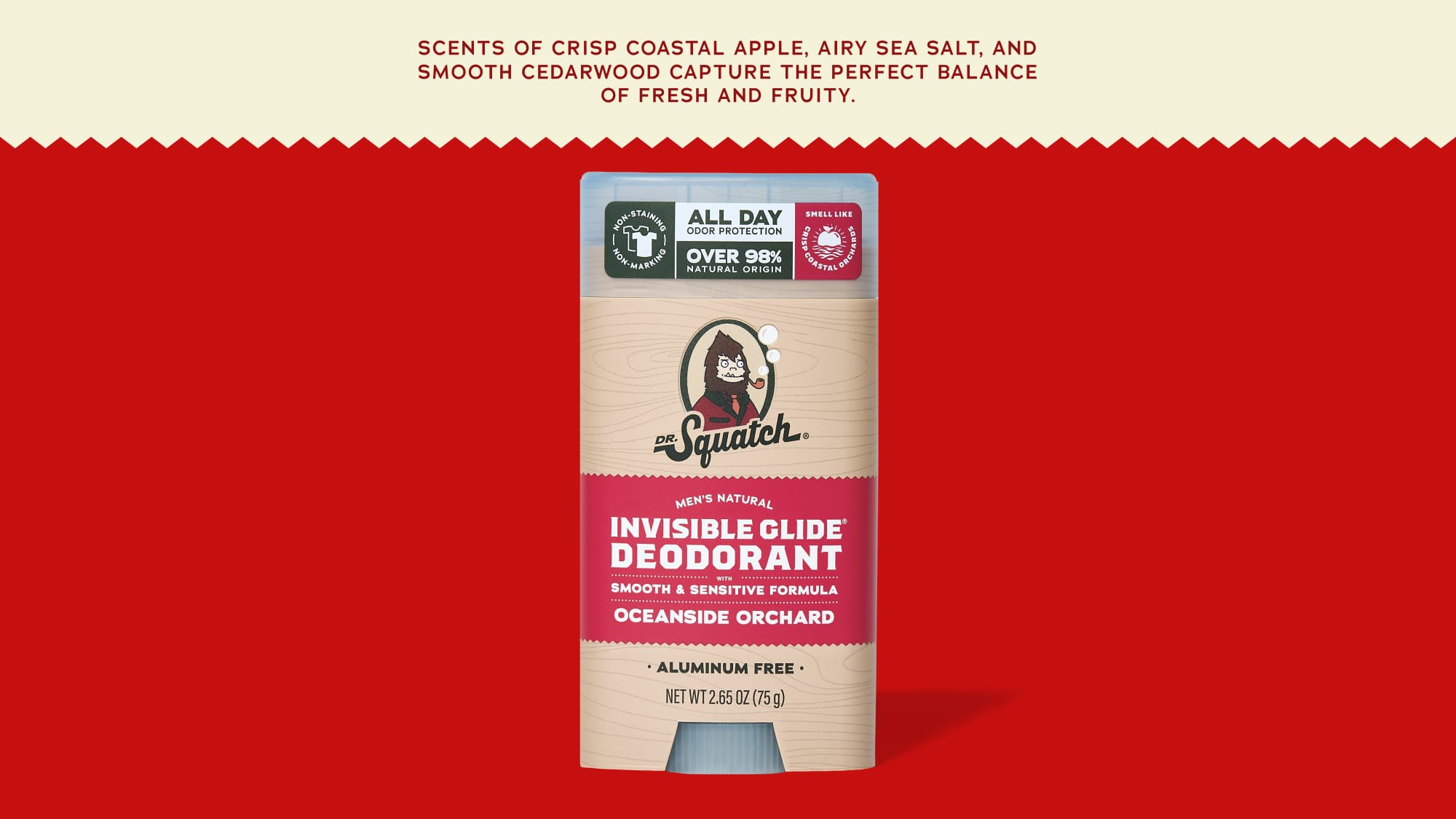 Squatch Invisible Glide Deodorant stick with Oceanside Orchard scent notes highlighted.