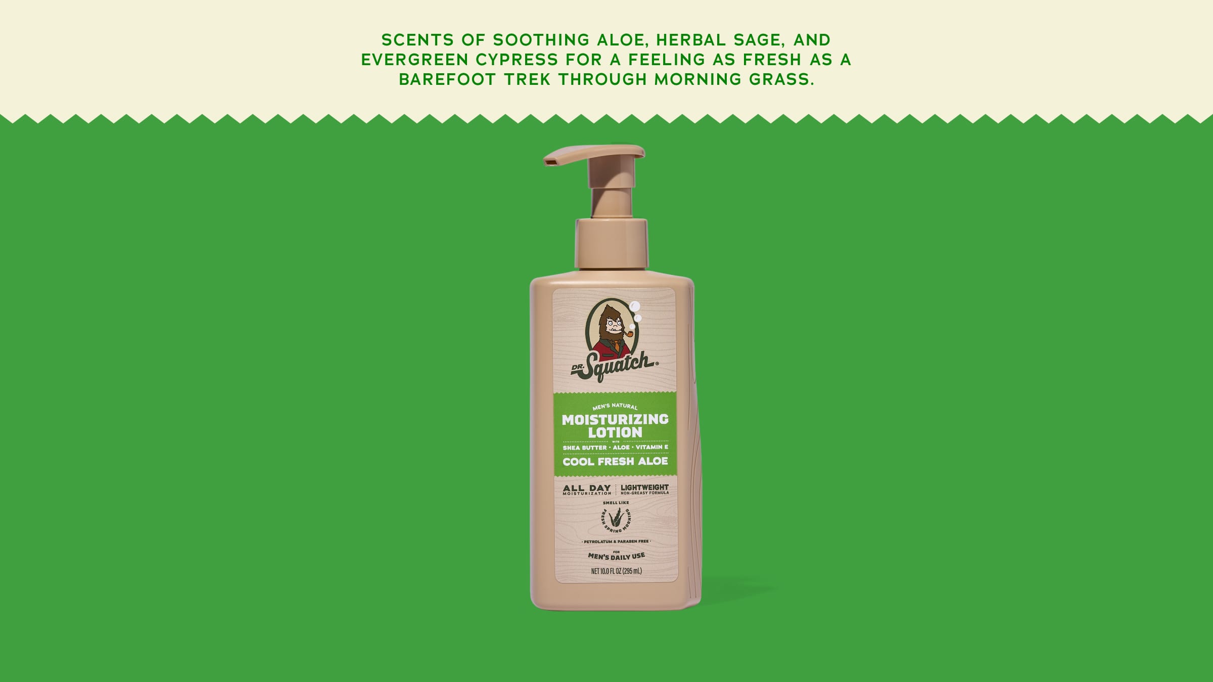 Brand and ingredient story panel for Dr. Squatch Cool Fresh Aloe Lotion