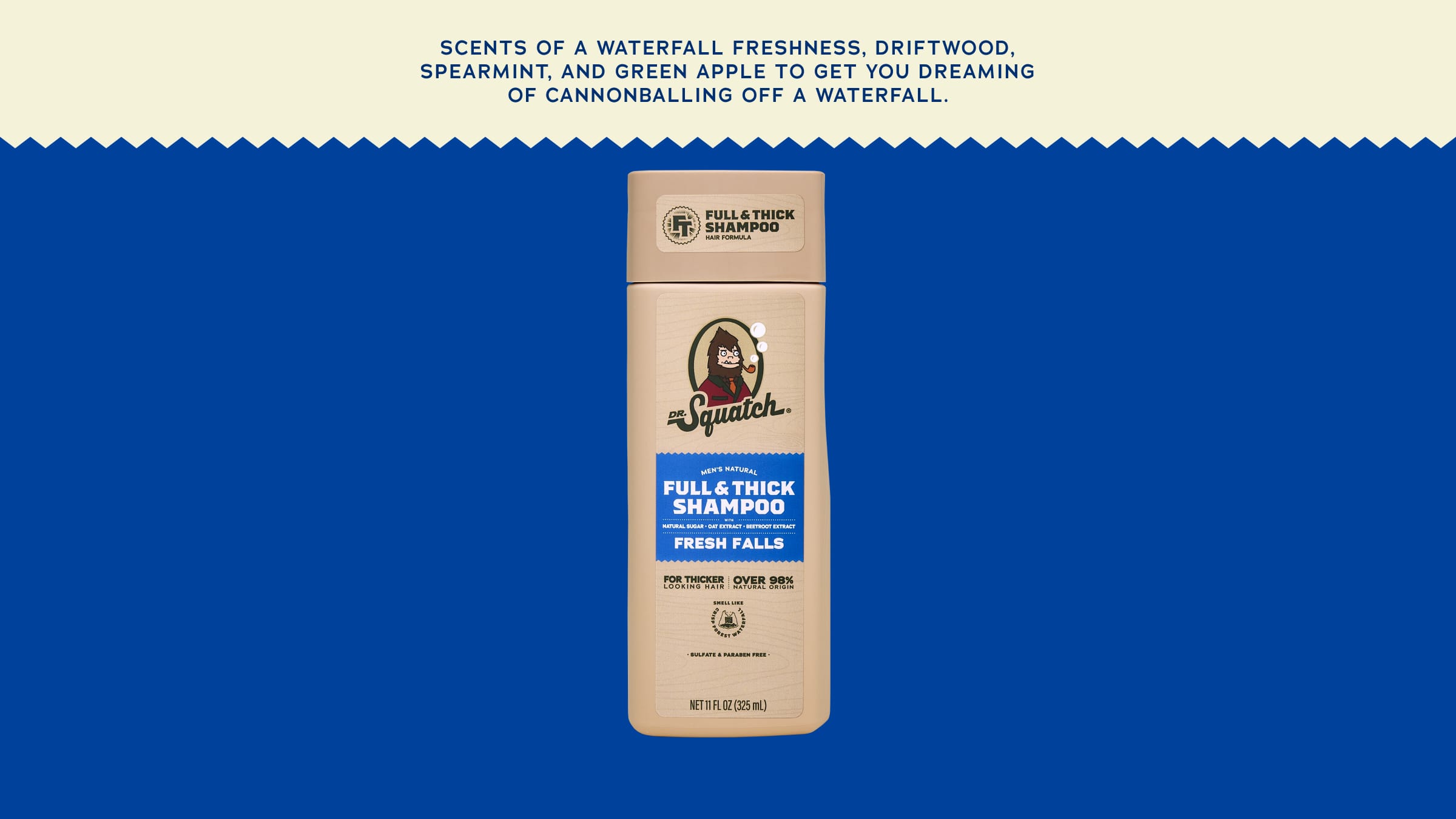 Brand and ingredient story panel for Dr. Squatch Fresh Falls Full & Thick Shampoo