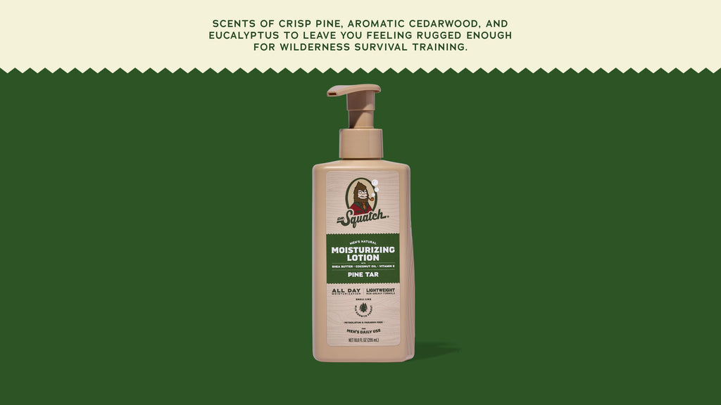 Brand and ingredient story panel for Dr. Squatch Pine Tar Lotion