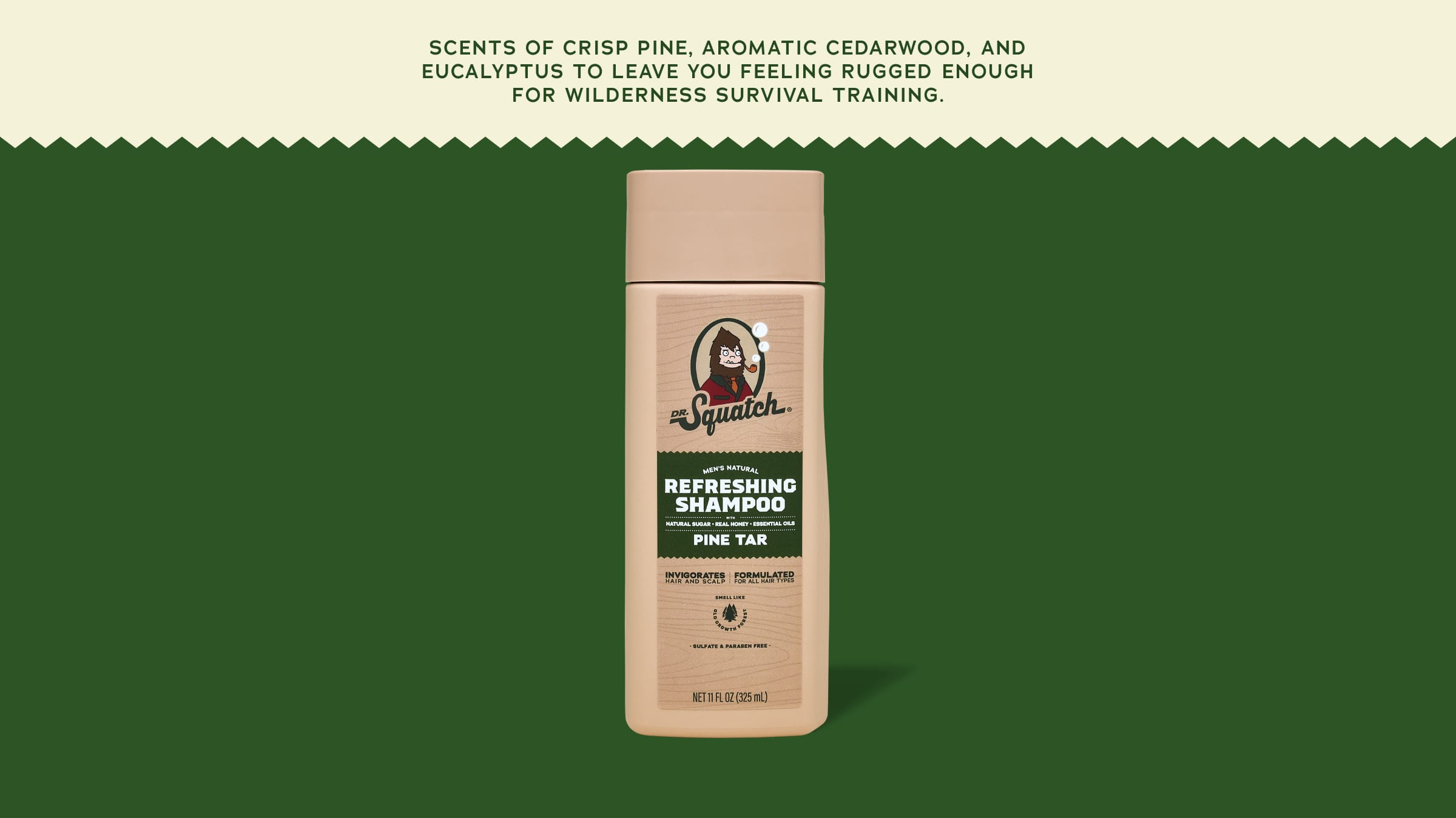 Brand and ingredient story panel for Dr. Squatch Pine Tar Shampoo