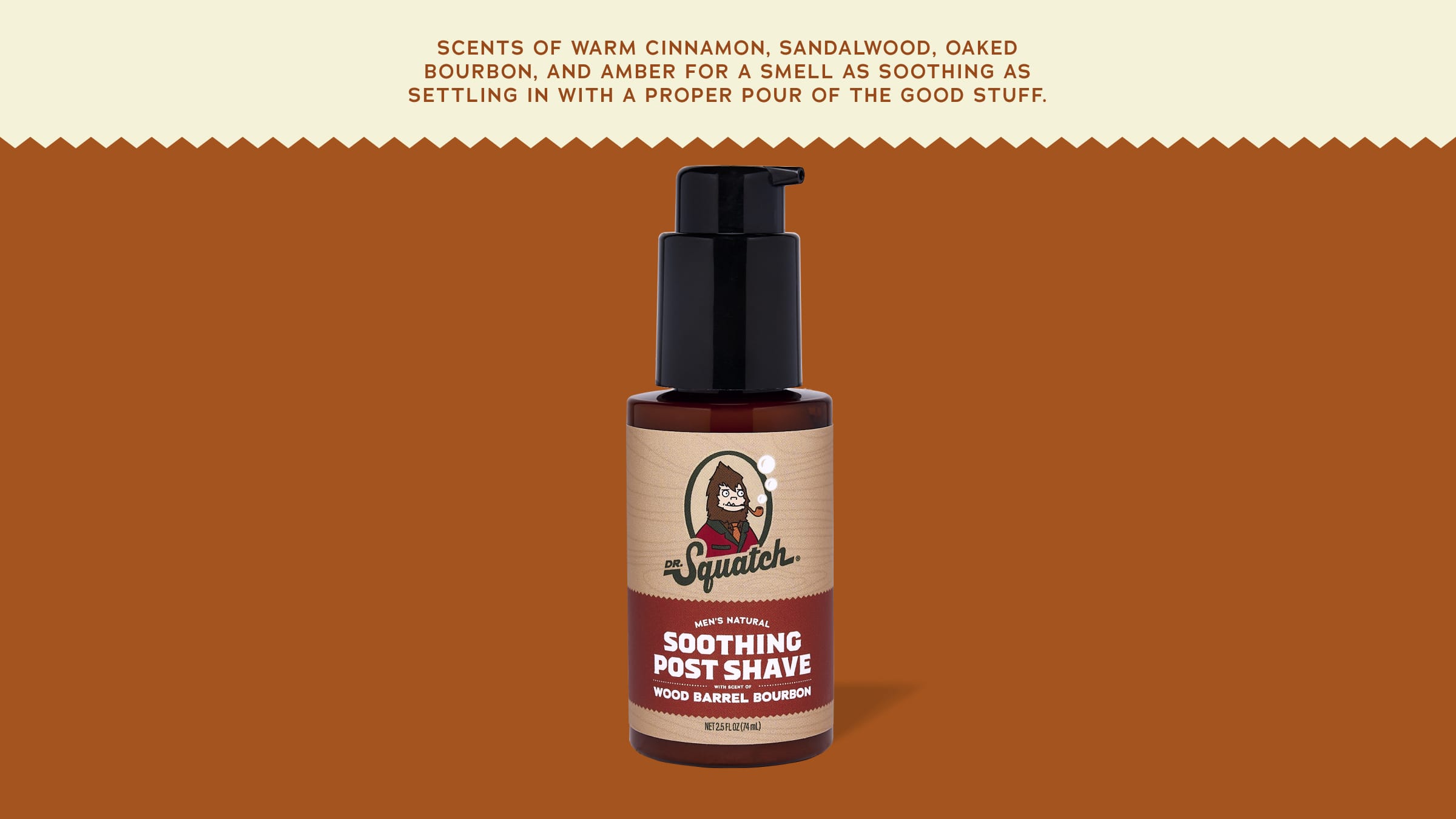 Brand and ingredient story panel for Dr. Squatch Soothing Post Shave Wood Barrel Bourbon post-shave product