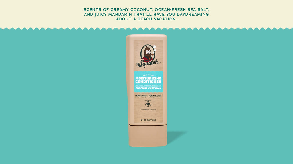 Brand and ingredient story panel for Dr. Squatch Coconut Castaway Conditioner