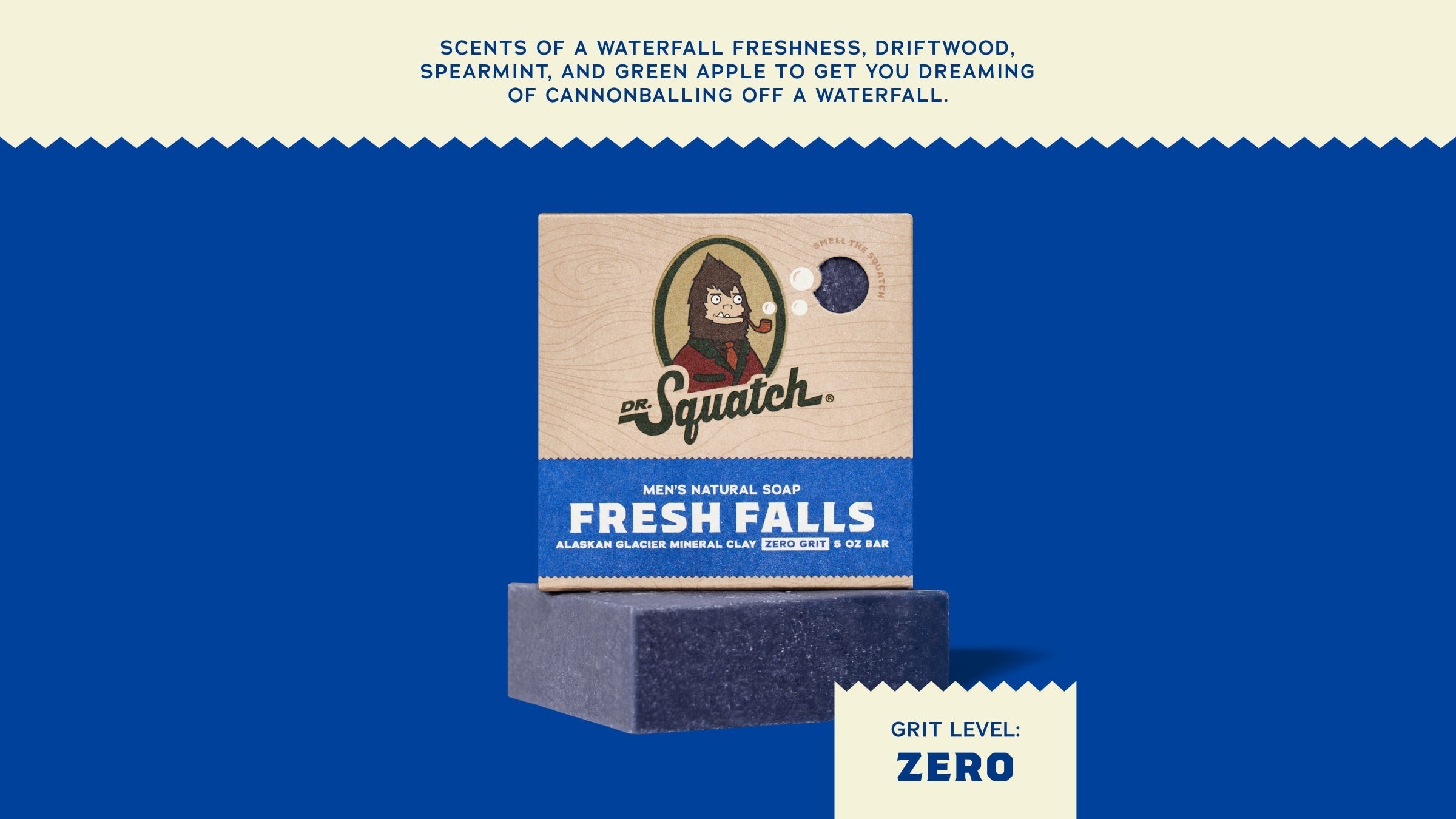 Brand and ingredient story panel for Dr. Squatch Fresh Falls bar soap