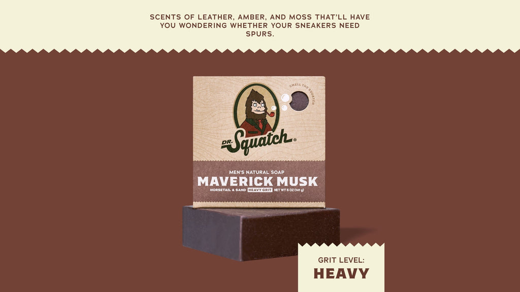 Brand and ingredient story panel for Dr. Squatch Maverick Musk bar soap