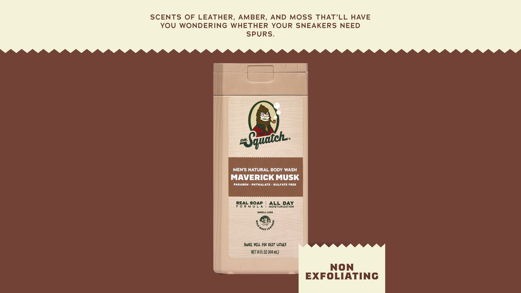 Brand and ingredient story panel for Dr. Squatch 14 oz Maverick Musk Body Wash