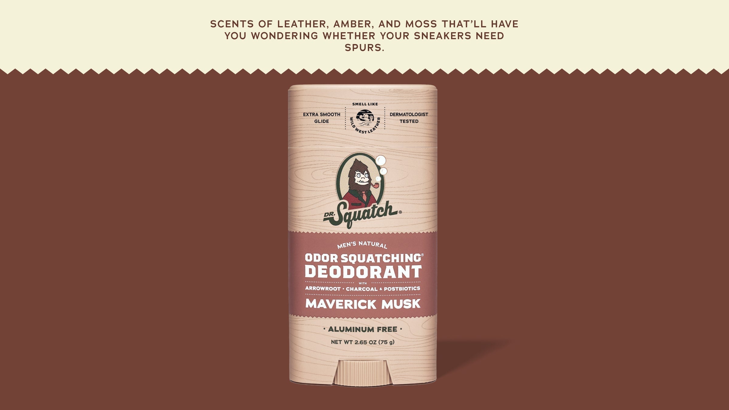 Brand and ingredient story panel for Dr. Squatch Maverick Musk Deodorant