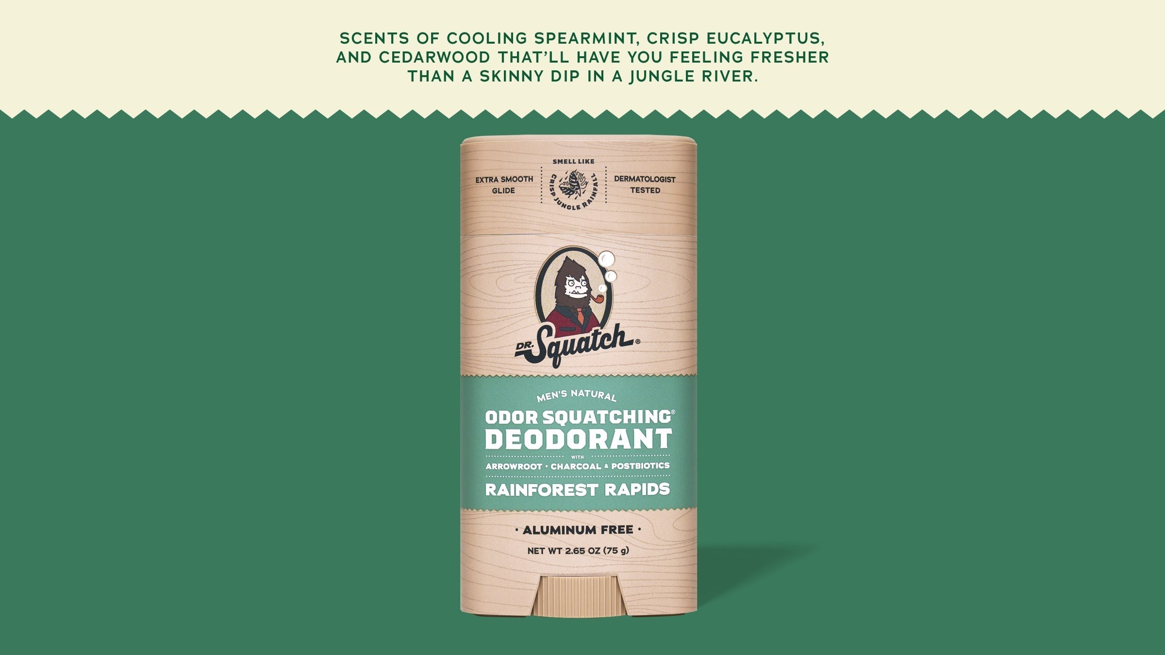 Brand and ingredient story panel for Dr. Squatch Rainforest Rapids Deodorant