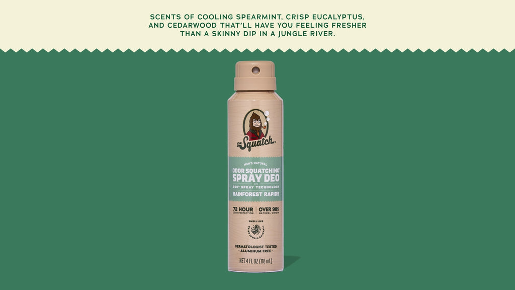 Brand and ingredient story panel for Dr. Squatch Rainforest Rapids Spray Deodorant