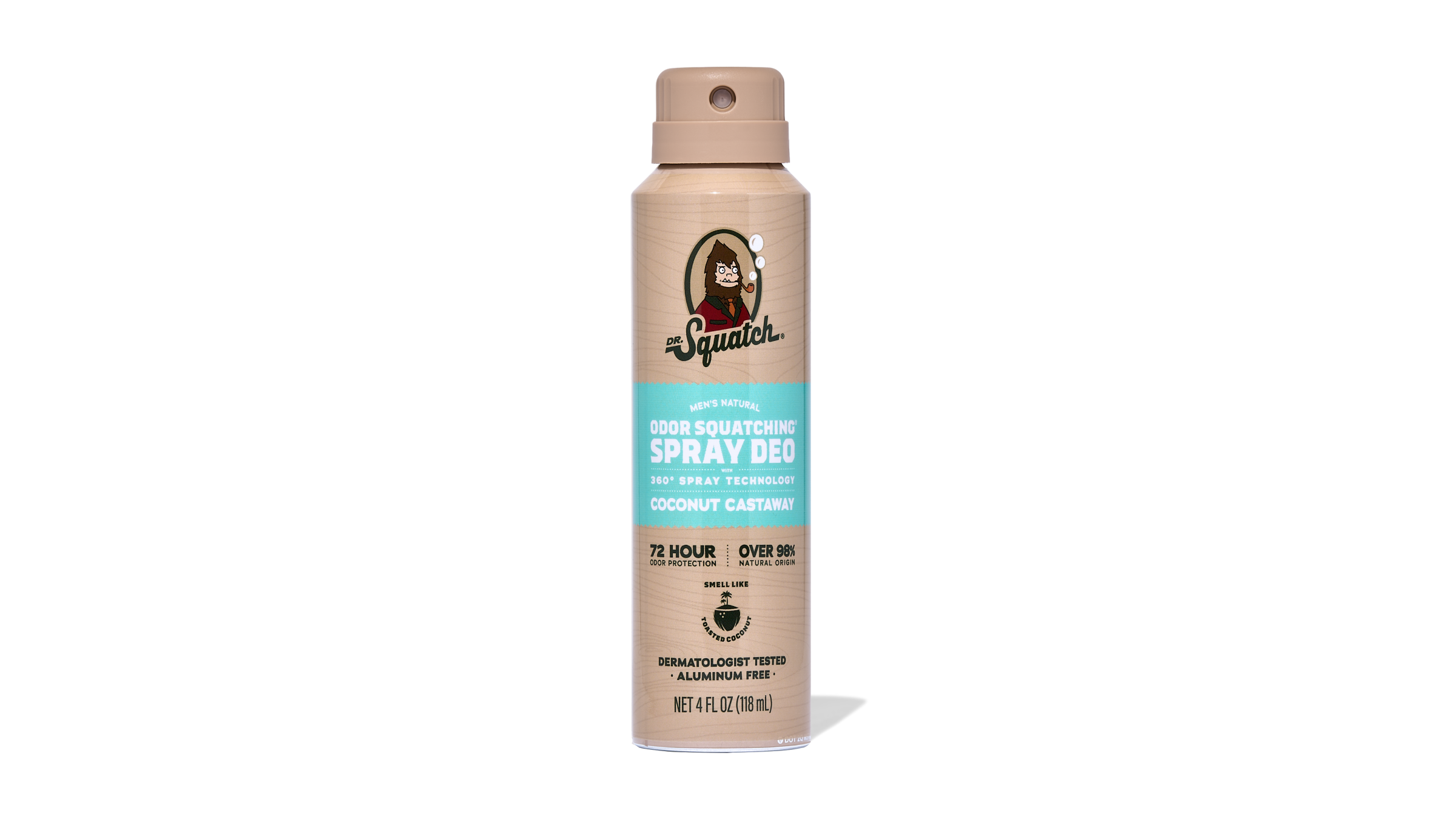 Dr. Squatch Coconut Castaway spray deodorant, 4 fl oz aerosol can with tan label and turquoise accent band.