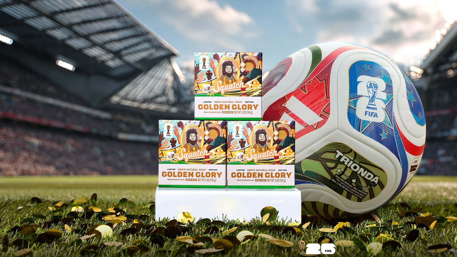 Lifestyle photo featuring Dr. Squatch Golden Glory Hat-Trick Pack gift set