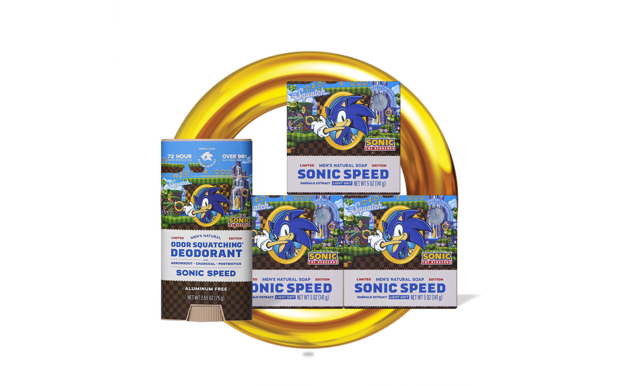 Sonic-themed deodorant packaging with a yellow circular object in the foreground.