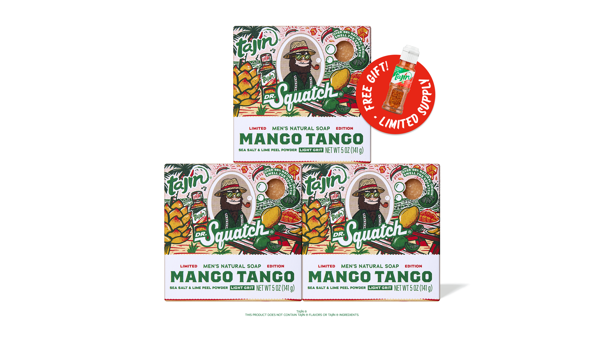 Three boxes of Dr. Squatch Mango Tango natural soap with a free Tajín Clásico seasoning included.